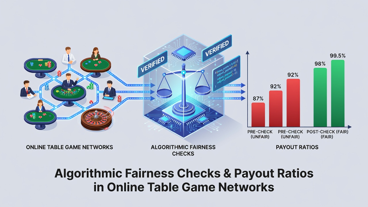 Network diagram showing algorithmic fairness verification layers applied to online table game servers and payout distribution systems