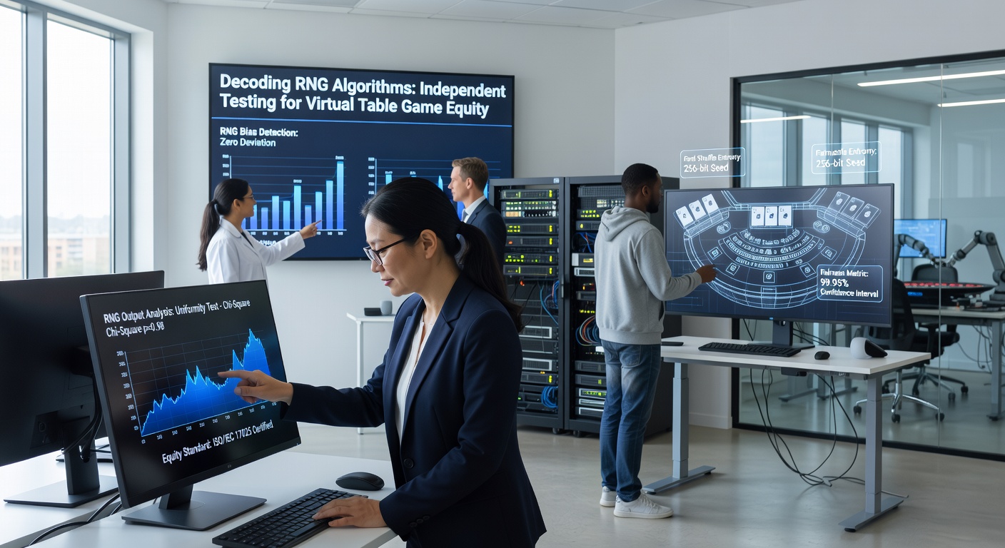 Lab technicians reviewing statistical test results for RNG certification in a gaming audit facility