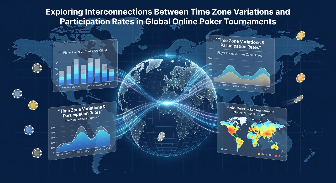 Global map overlay showing time zones and online poker tournament participation hotspots across continents