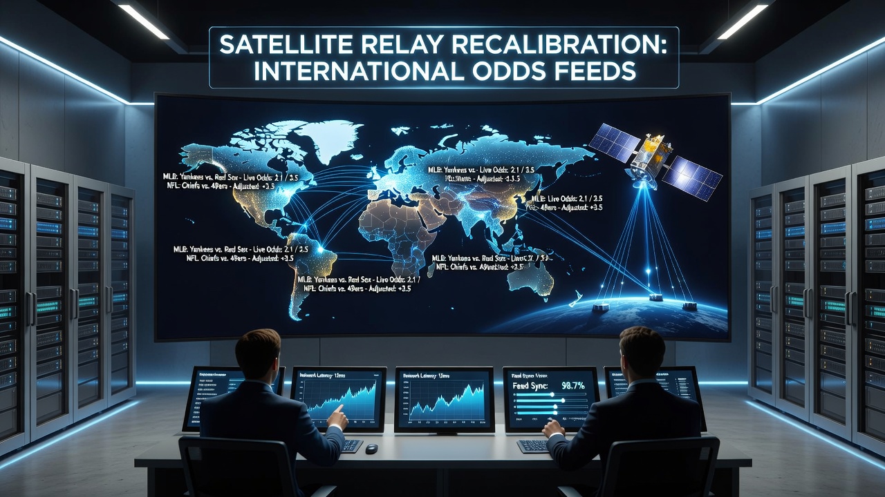 Satellite relay stations transmitting real-time odds data across global betting networks during a major sports event