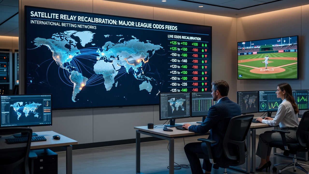 Technicians monitoring satellite uplink equipment for real-time sports betting odds recalibration