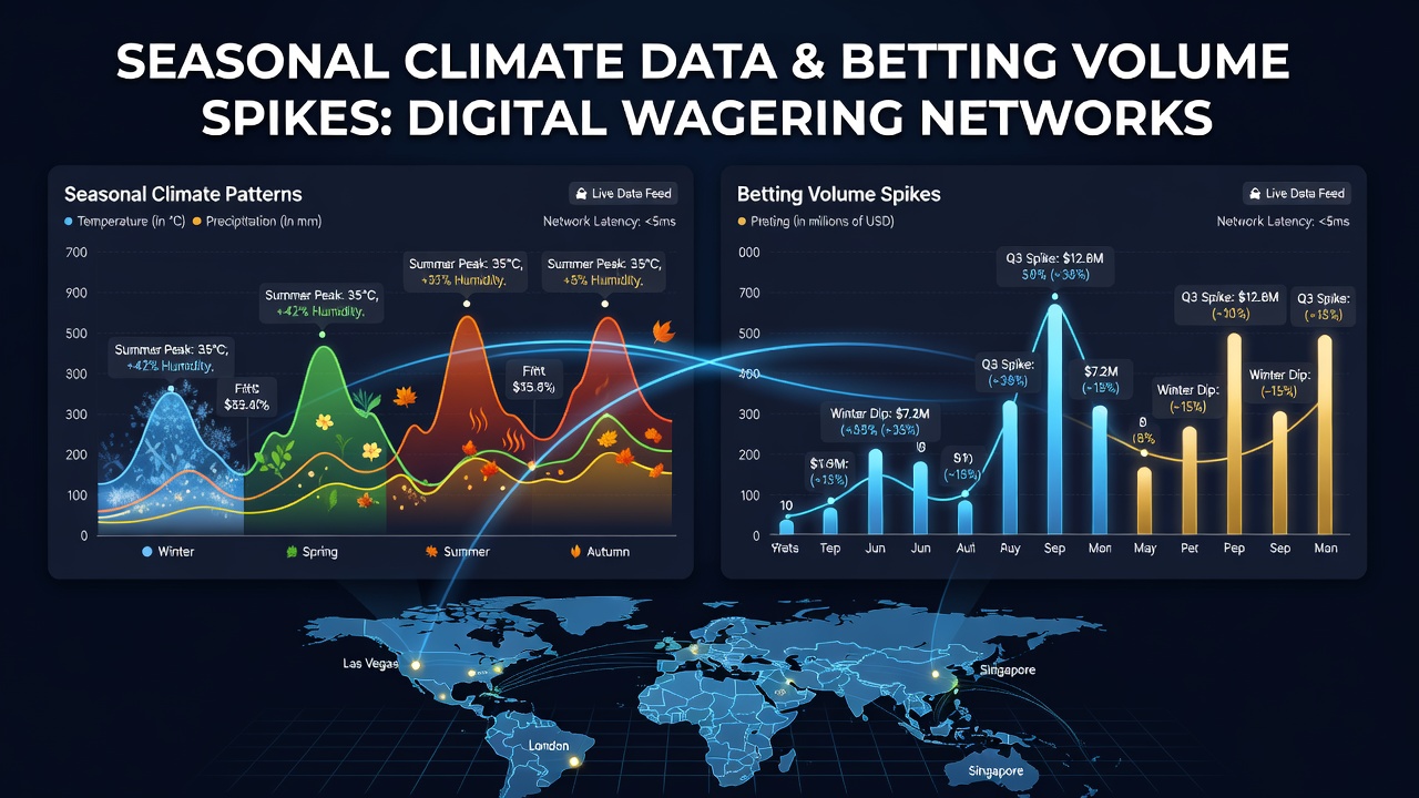 Seasonal climate charts overlaid with digital betting network traffic spikes showing winter and summer correlations