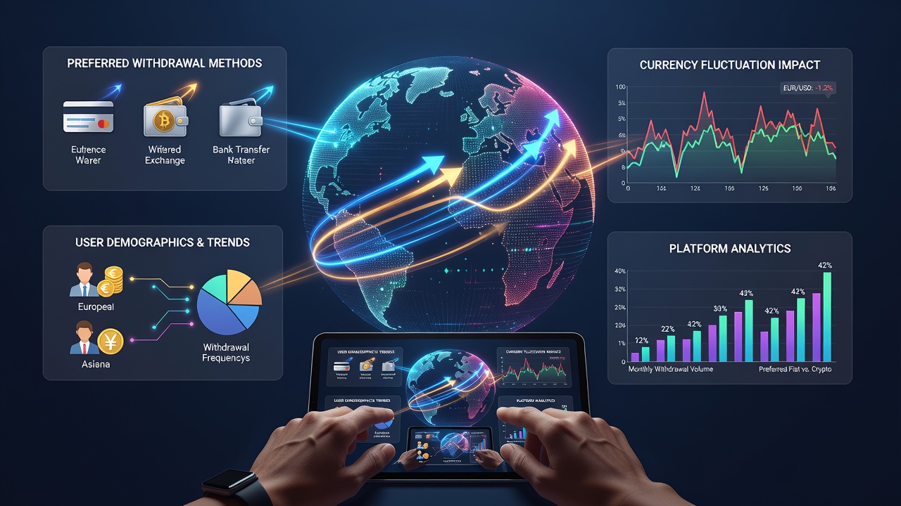 Digital casino dashboard displaying multiple currency options and real-time exchange rate indicators for user withdrawal selections