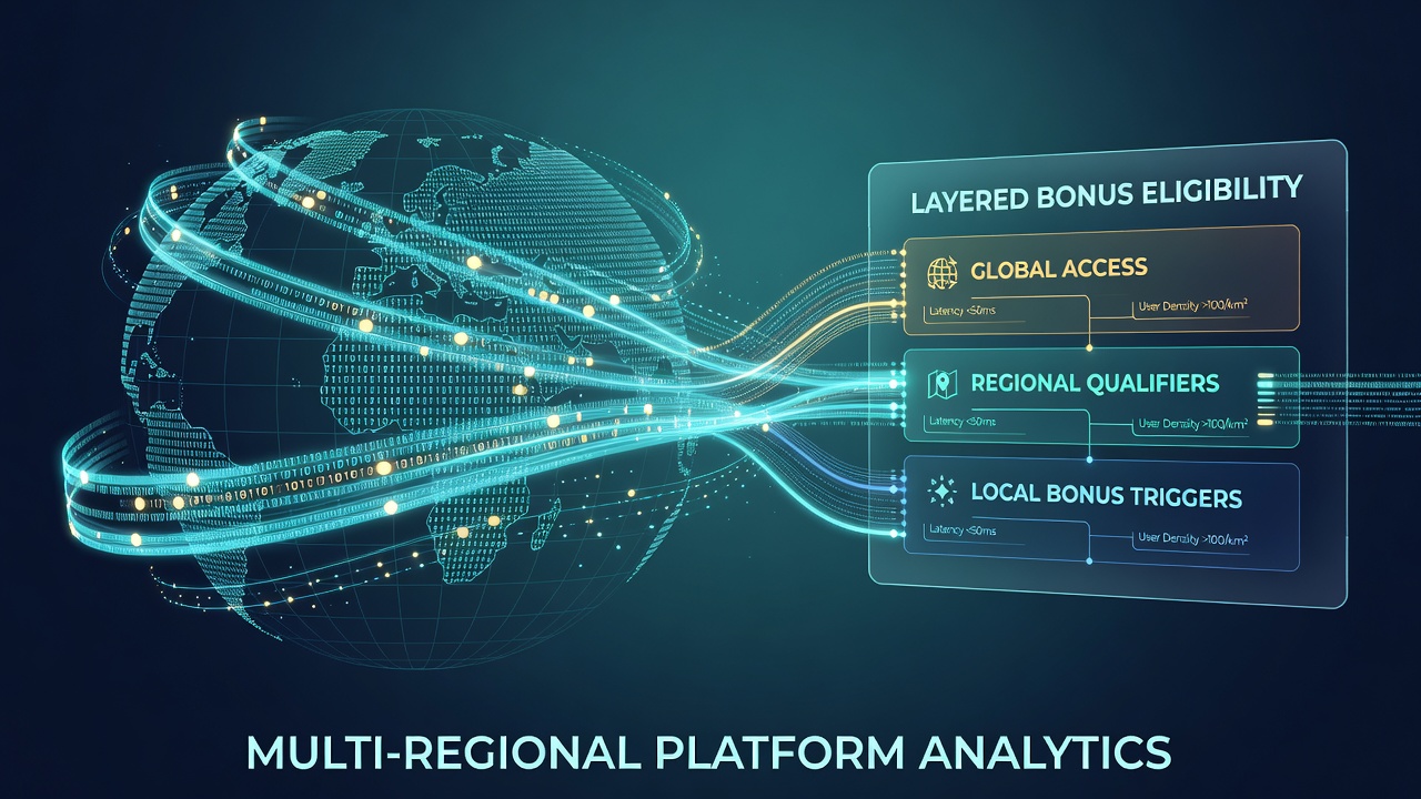 Flowchart illustrating layered bonus eligibility checks triggered by location data updates in a multi-regional platform environment