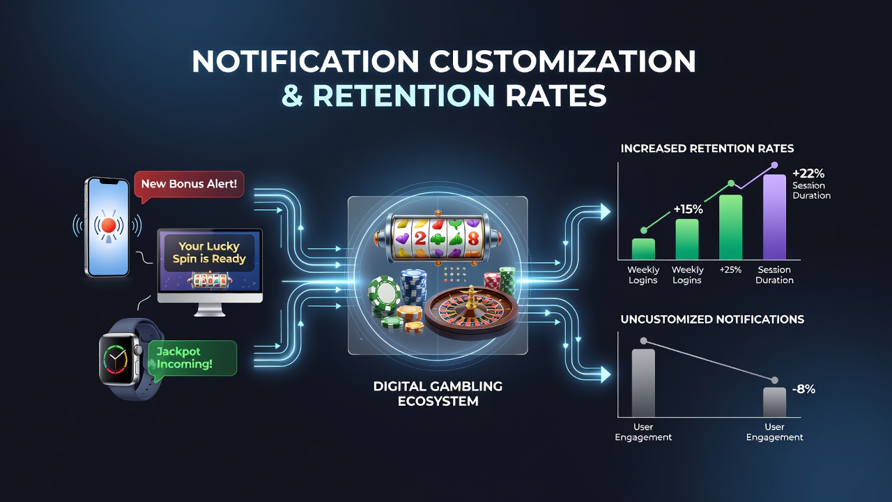 Digital gambling interface showing customizable notification settings on a mobile screen with retention metrics overlay