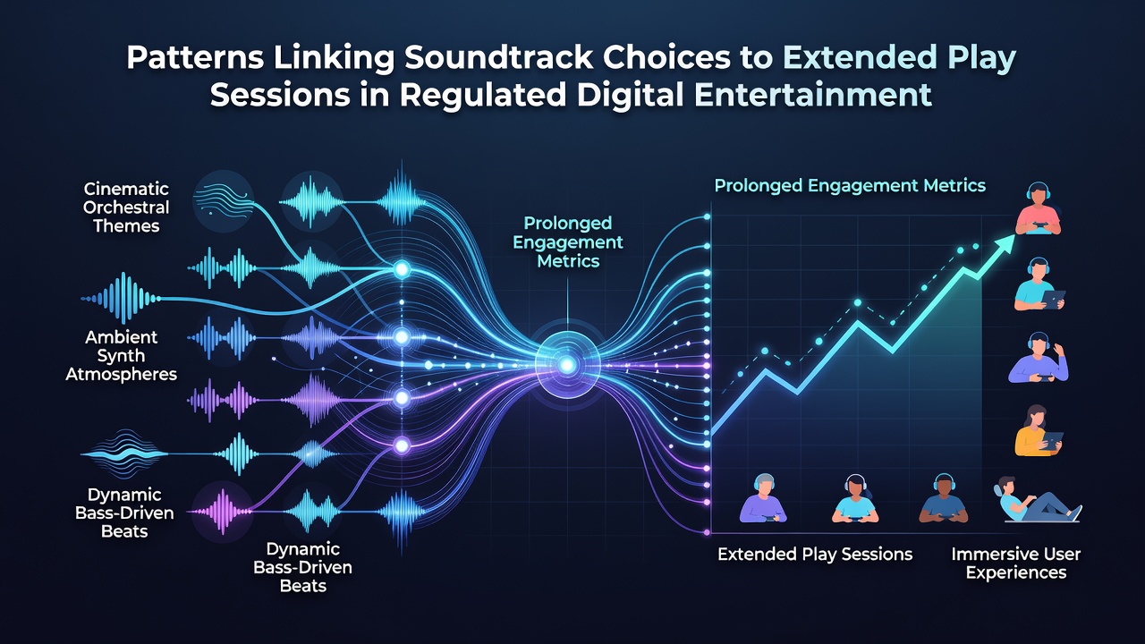 Dashboard showing soundtrack analytics and extended session patterns in regulated digital platforms