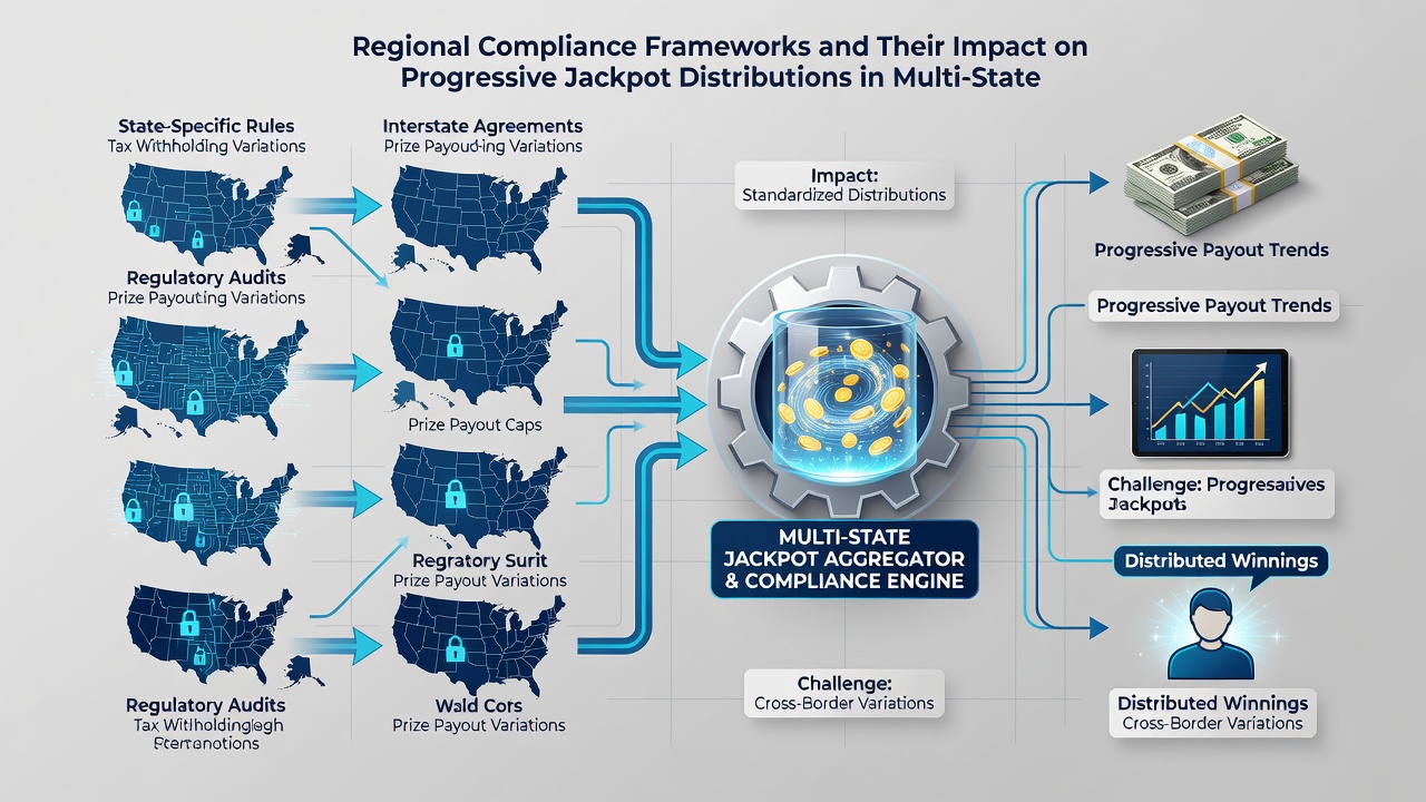 Diagram illustrating regional regulatory checkpoints in progressive jackpot networks