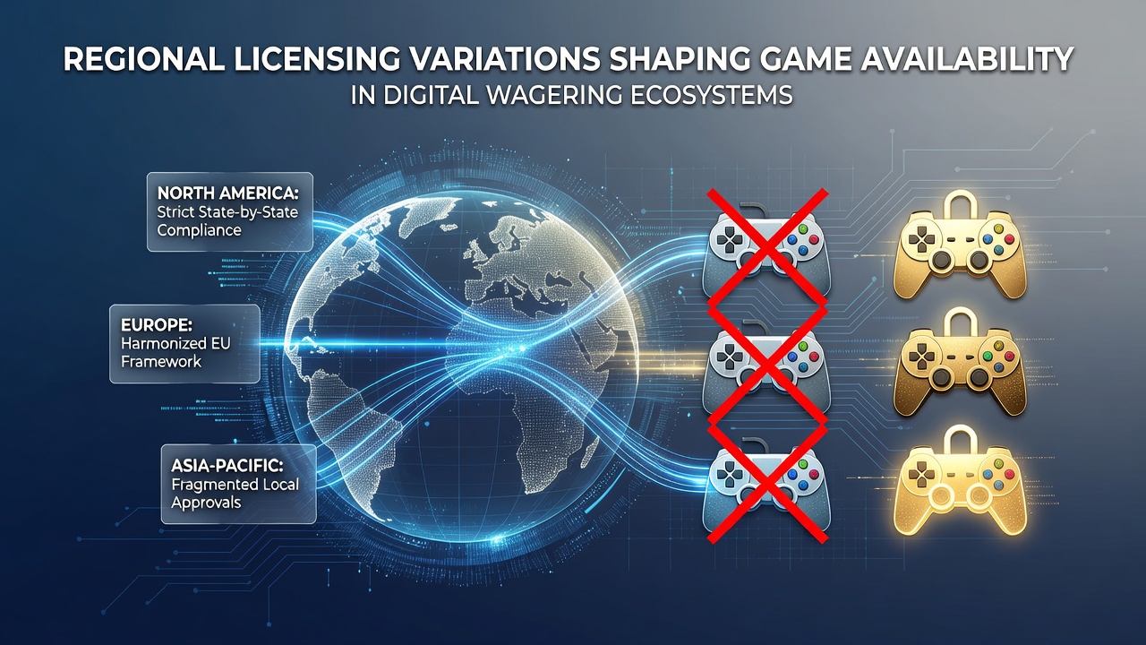 Map illustrating licensing boundaries across global digital wagering regions with highlighted regulatory zones