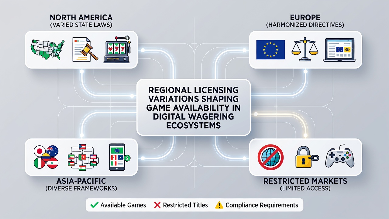 Infographic showing game availability differences across licensed regions with icons for slots, poker, and sports betting