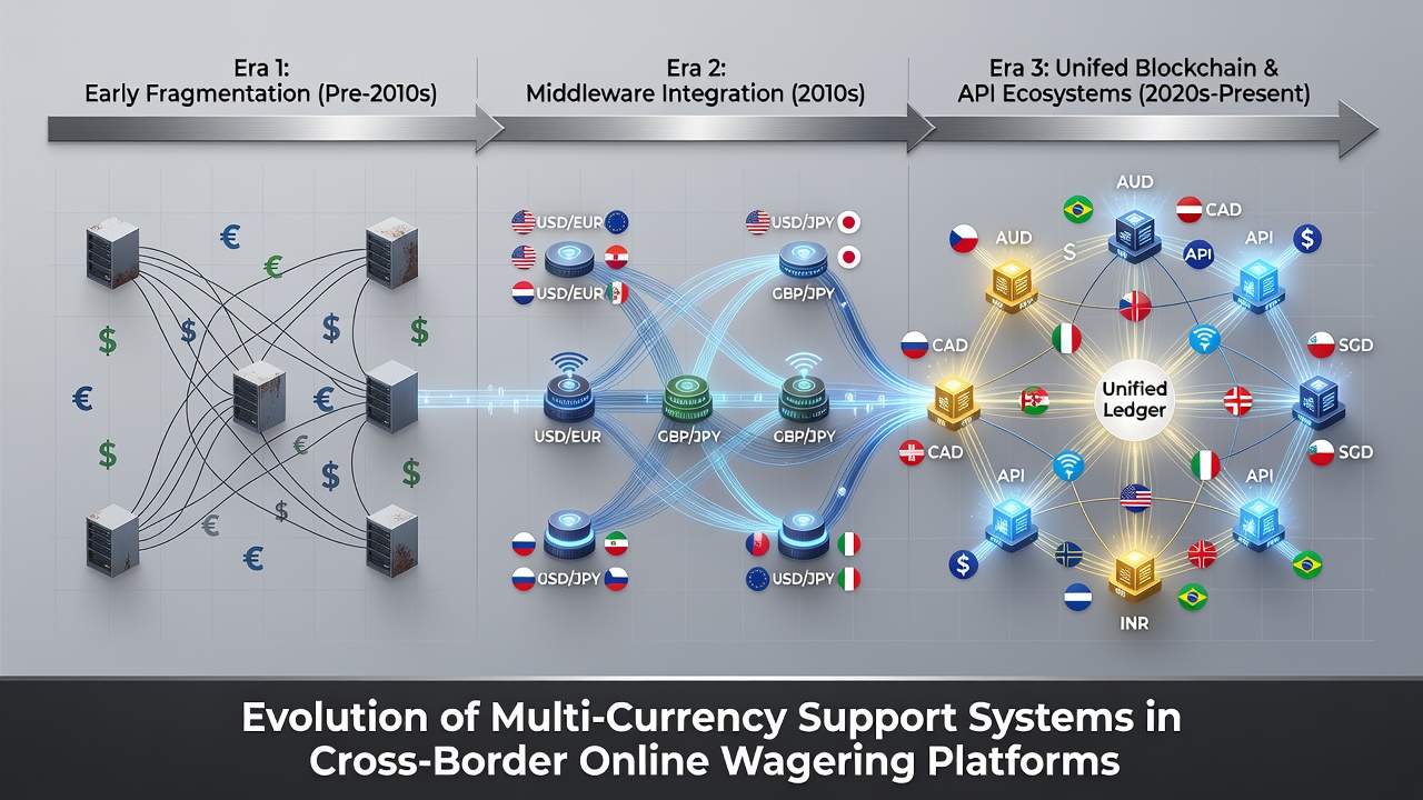 Evolution of currency support in global wagering platforms showing early interfaces and modern multi-currency dashboards
