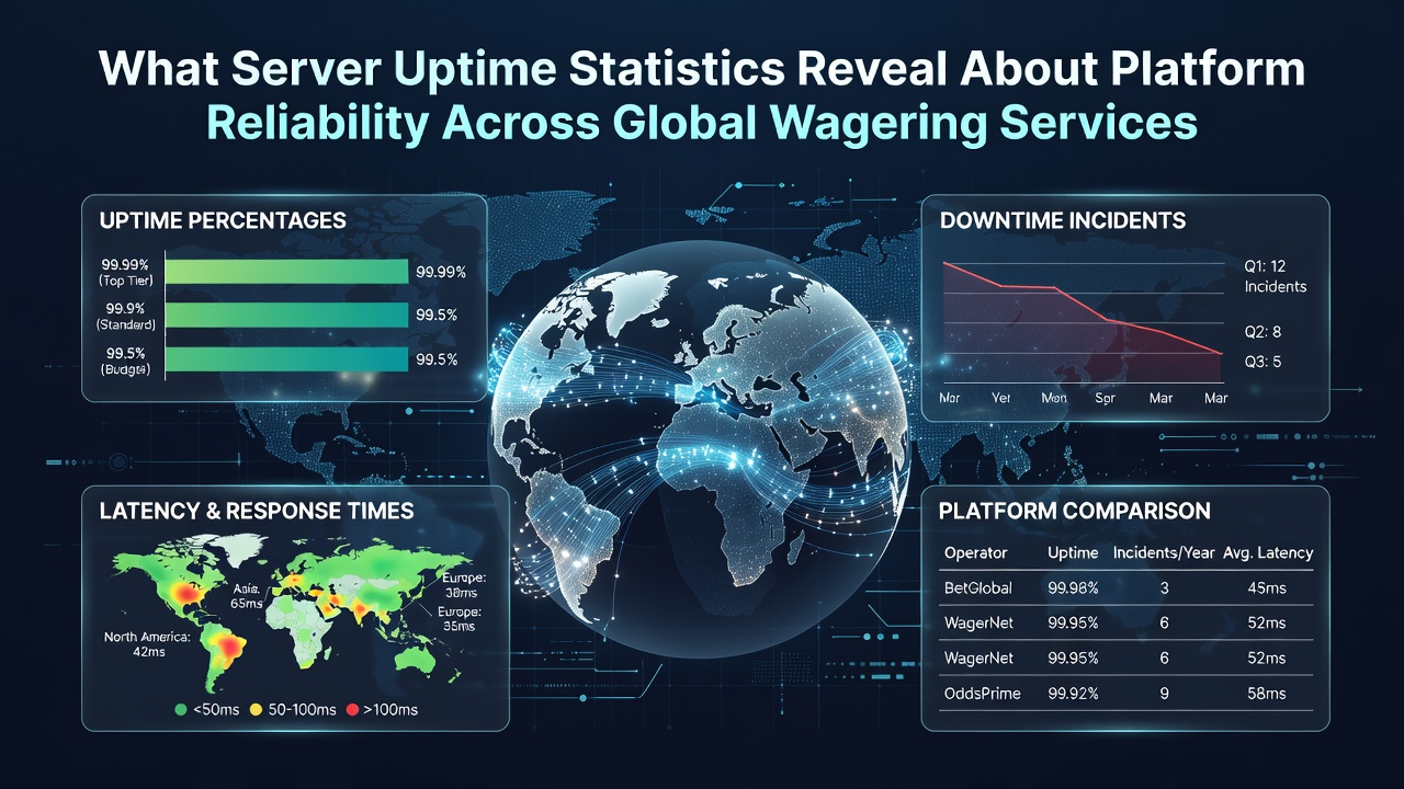 Global server uptime dashboard showing wagering platform availability metrics across multiple regions
