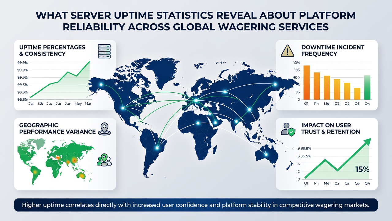 Server rack infrastructure supporting wagering platforms with uptime monitoring overlays